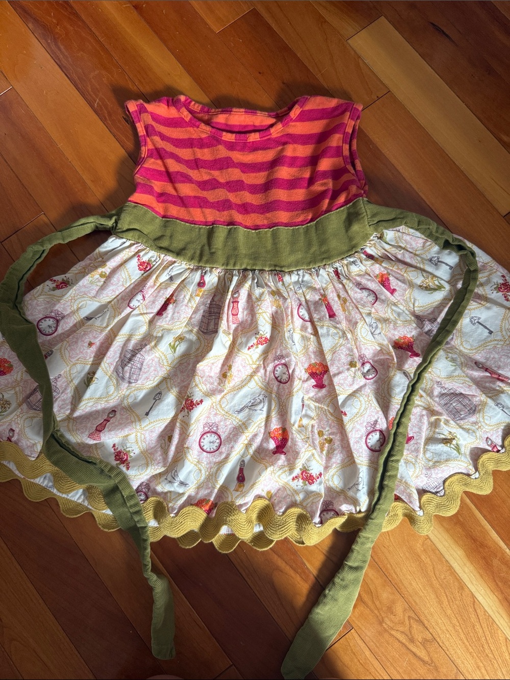 Girls Pink & Orange Striped Casual Dress with Olive Waist Tie